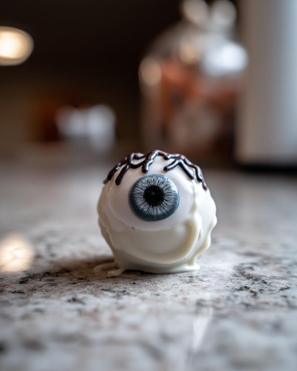 A single Halloween Oreo ball decorated to look like an eyeball with white chocolate and black icing.