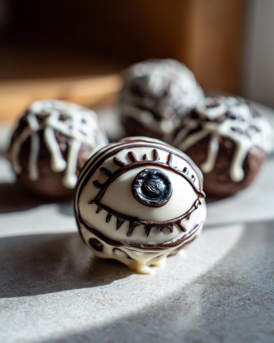 Close-up of a Halloween Oreo ball decorated with a white chocolate eye design and drizzled with dark chocolate.