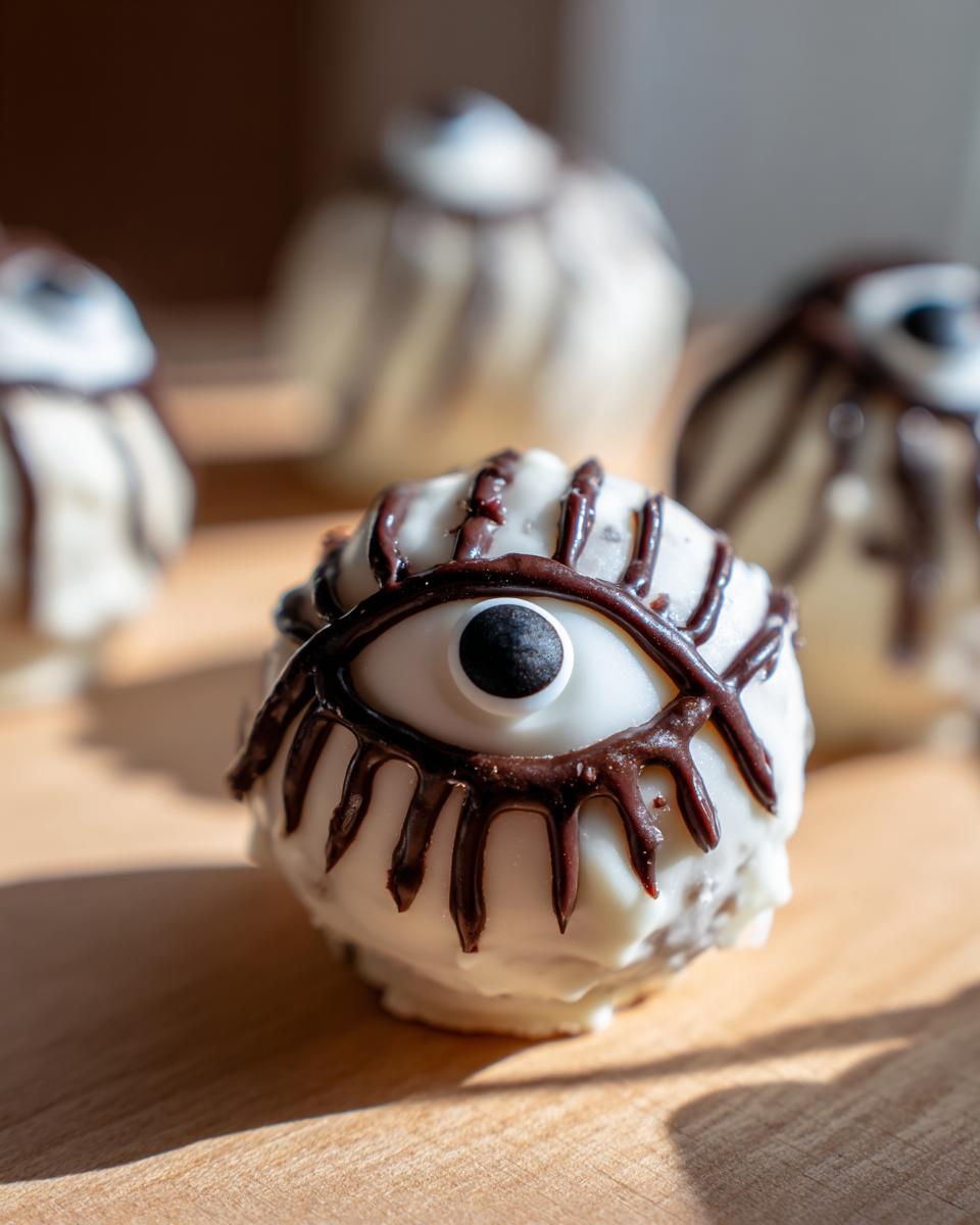 Close-up of a Halloween Oreo ball decorated to look like an eyeball with white chocolate and dark chocolate drizzle.