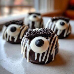 Close-up of a Halloween Oreo ball decorated to look like a monster eye with white chocolate drizzle.