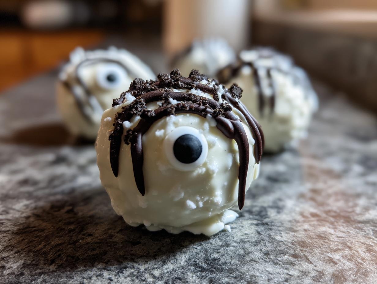Close-up of a white chocolate-covered Halloween Oreo ball decorated as a monster with candy eyes and chocolate drizzle.