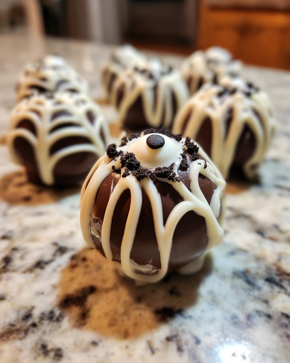 Close-up of a Halloween Oreo ball decorated with white chocolate spiderwebs and an edible eyeball.