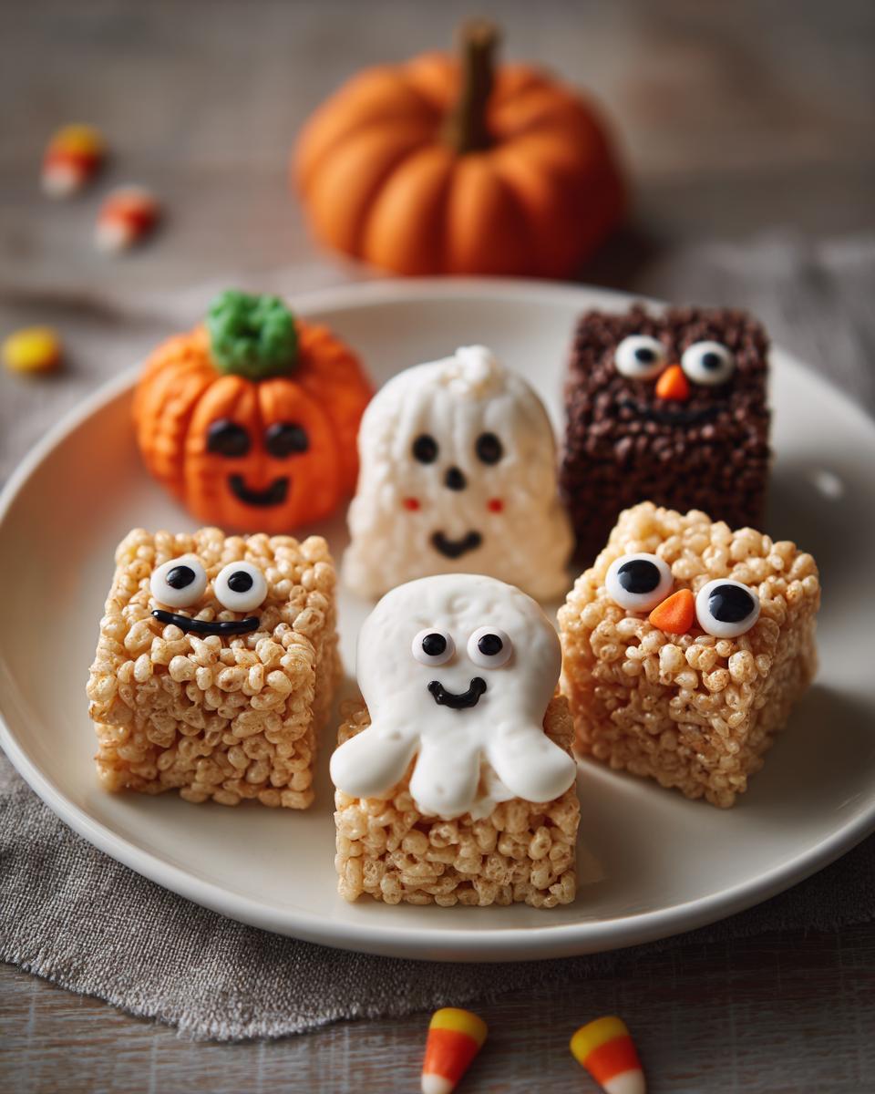 A variety of decorated Halloween Rice Krispie Treats including a pumpkin, ghosts, an owl, and a monster.