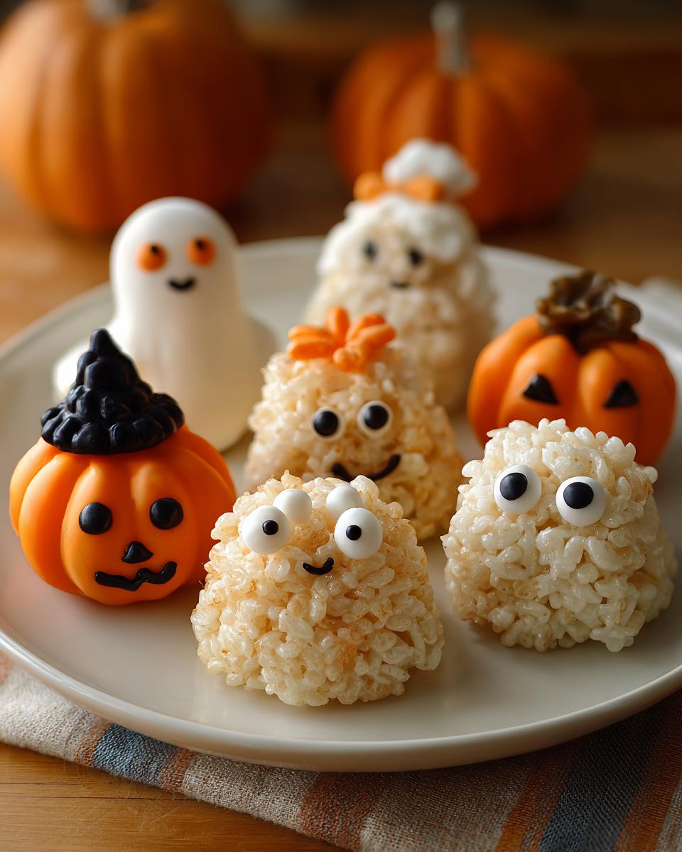 A plate of assorted Halloween Rice Krispie Treats, including ghosts, pumpkins, and monster shapes with candy eyes.