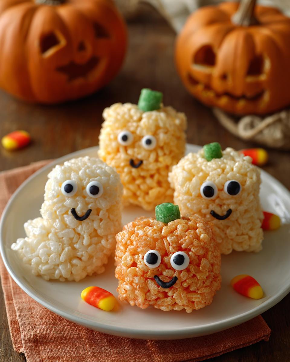 A plate of adorable Halloween Rice Krispie Treats shaped like ghosts and pumpkins, decorated with candy eyes and smiles.