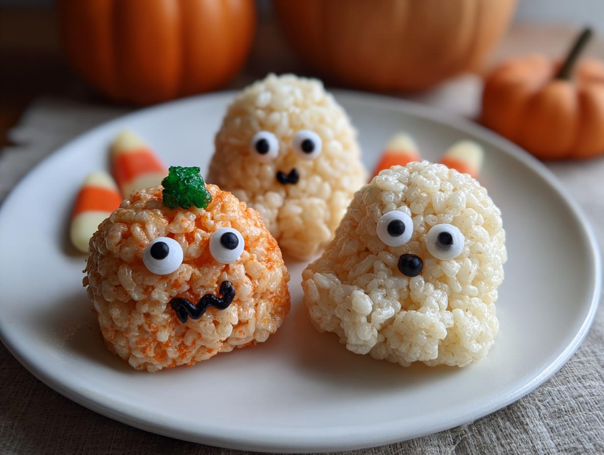 Three adorable Halloween Rice Krispie Treats on a plate: one pumpkin and two ghosts, decorated with candy eyes and frosting.