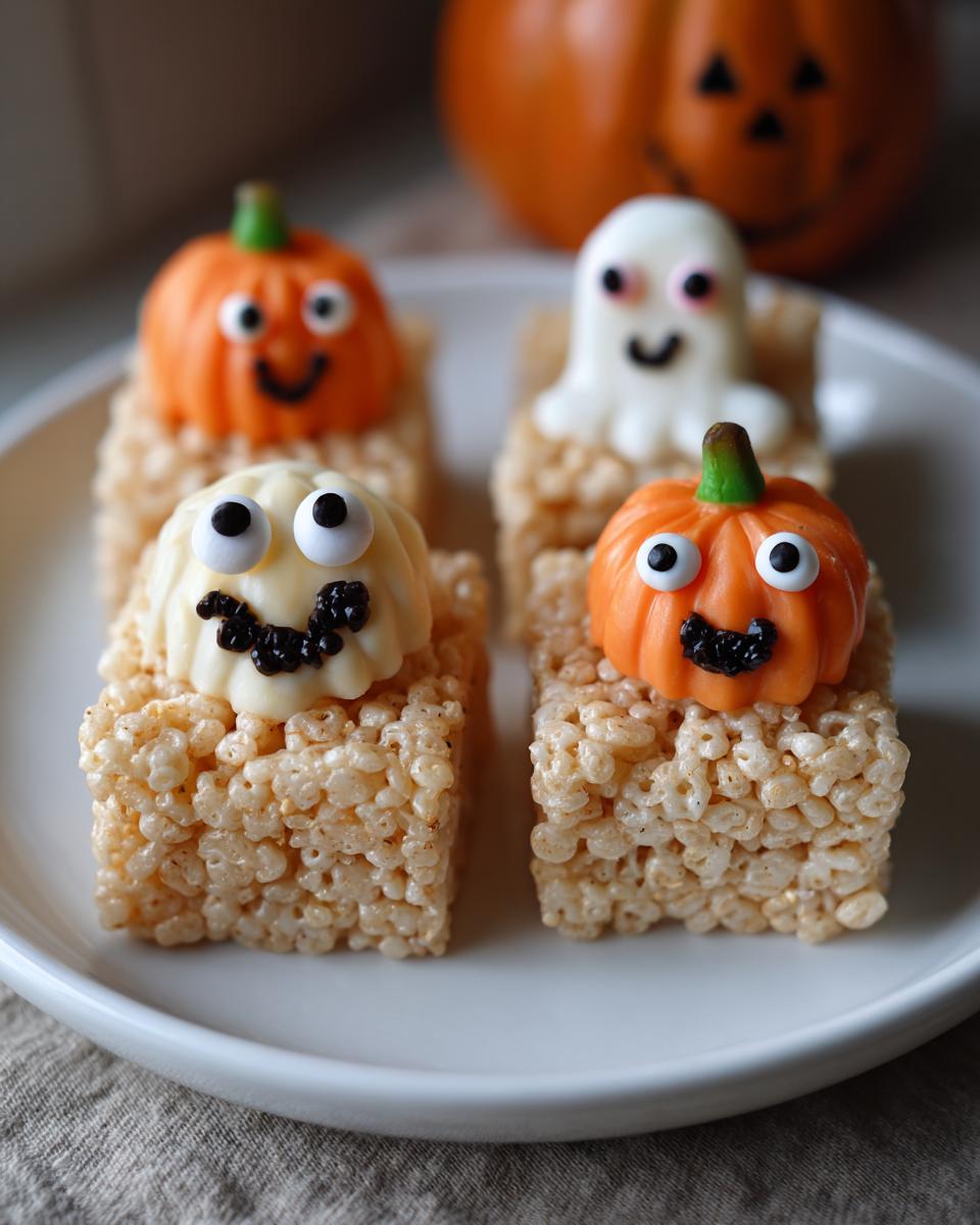 Four festive halloween rice krispie treats decorated with fondant pumpkins and ghosts on a white plate.