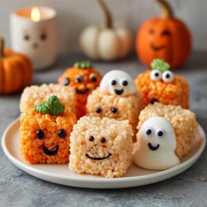 A festive assortment of Halloween Rice Krispie Treats shaped like pumpkins and ghosts, decorated with candy eyes and smiles.