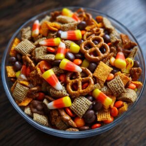 A close-up of a clear bowl filled with a colorful Halloween Snack Mix, featuring candy corn, pretzels, chocolate candies, and cereal pieces.