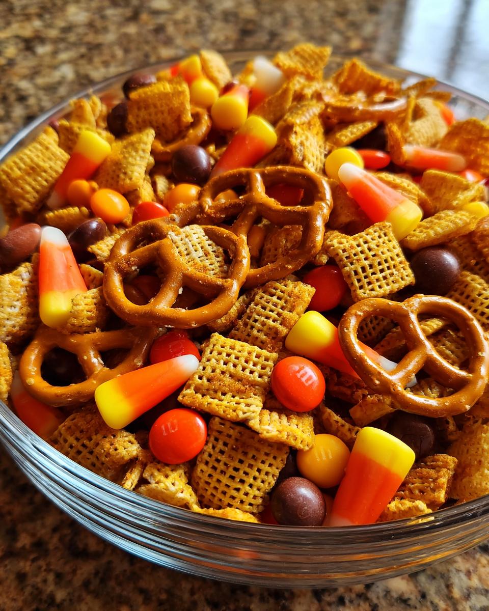 A close-up of a glass bowl filled with a Halloween Snack Mix, featuring pretzels, candy corn, and M&Ms.