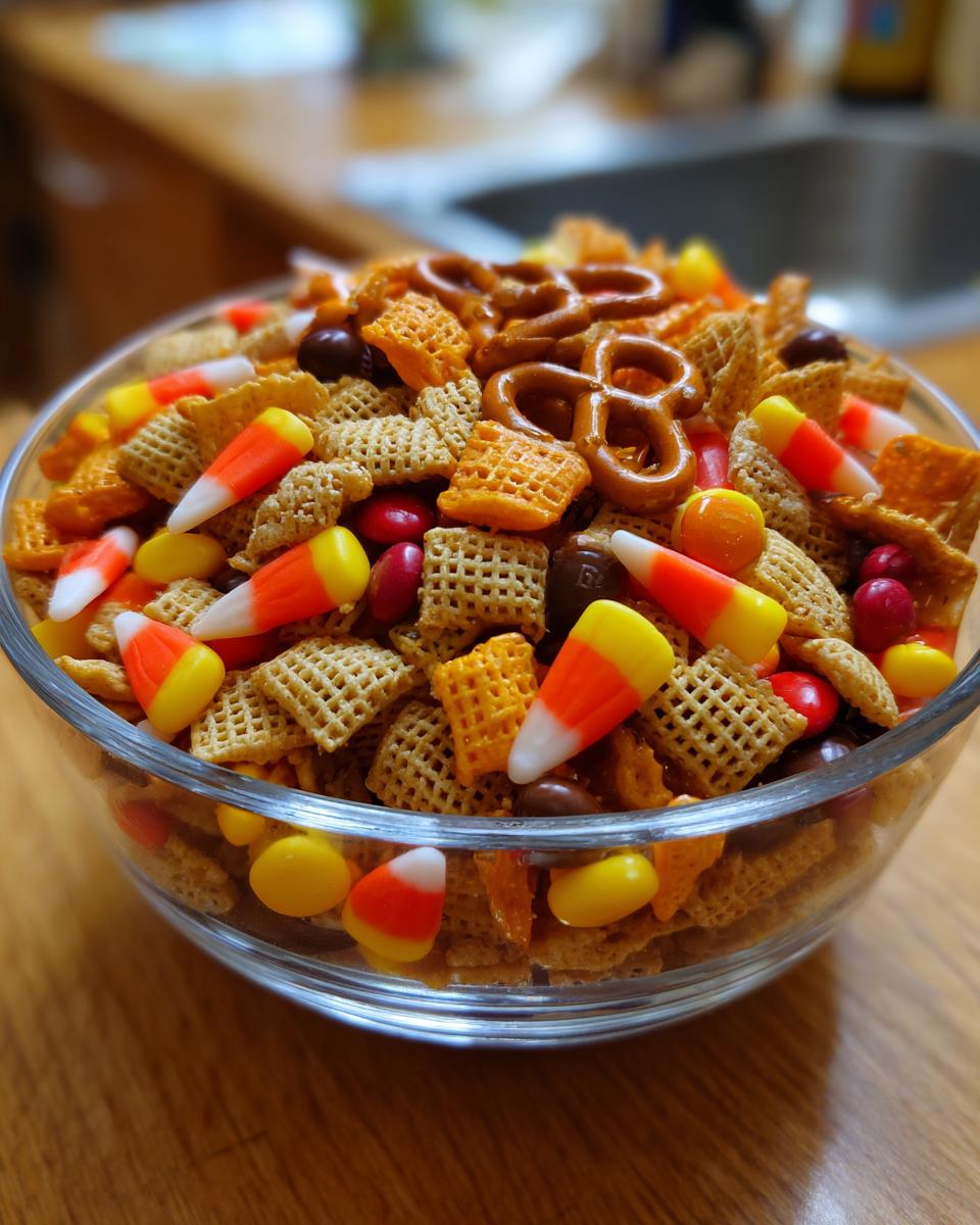 A clear glass bowl filled with a colorful Halloween Snack Mix featuring candy corn, pretzels, and chocolate candies.