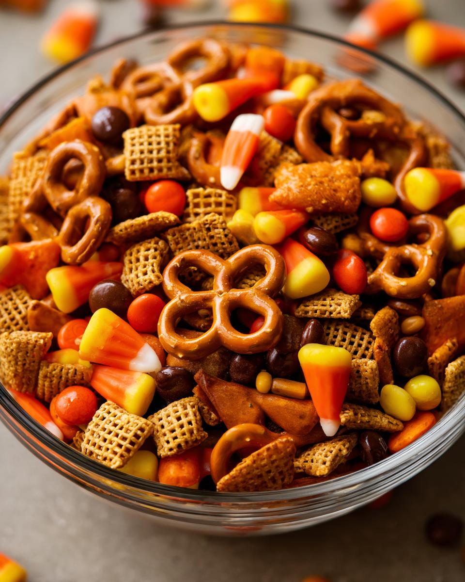 A close-up of a glass bowl filled with a Halloween Snack Mix, featuring pretzels, candy corn, and chocolate candies.