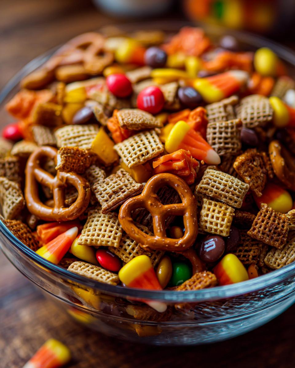 A close-up of a glass bowl filled with a colorful Halloween Snack Mix, featuring pretzels, candy corn, and M&Ms.