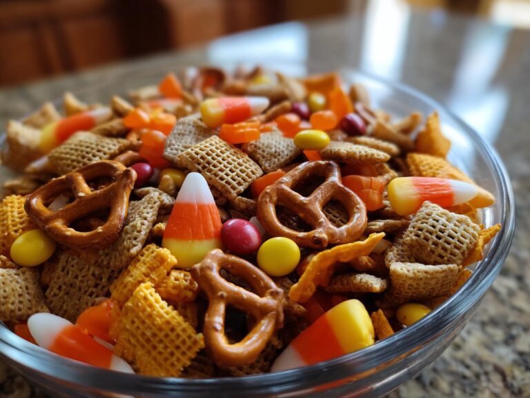 A close-up of a glass bowl filled with a Halloween Snack Mix featuring pretzels, candy corn, and cereal.