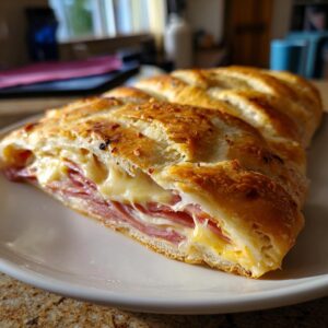 A close-up of a sliced Stromboli filled with ham and melted cheese, on a white plate.