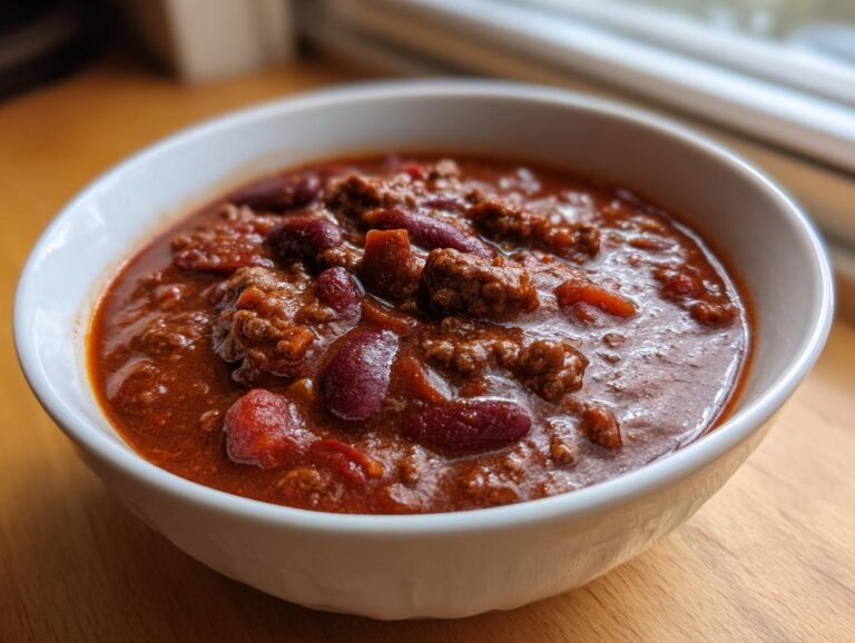 A close-up of a white bowl filled with hearty beef chili, featuring ground beef and kidney beans in a rich tomato sauce.
