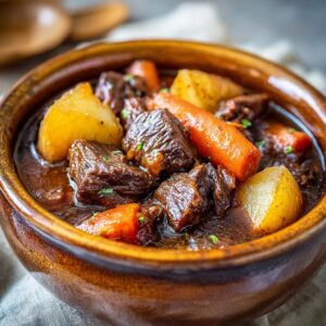 A close-up of a bowl of hearty beef stew, featuring tender chunks of beef, carrots, and potatoes in a rich gravy.