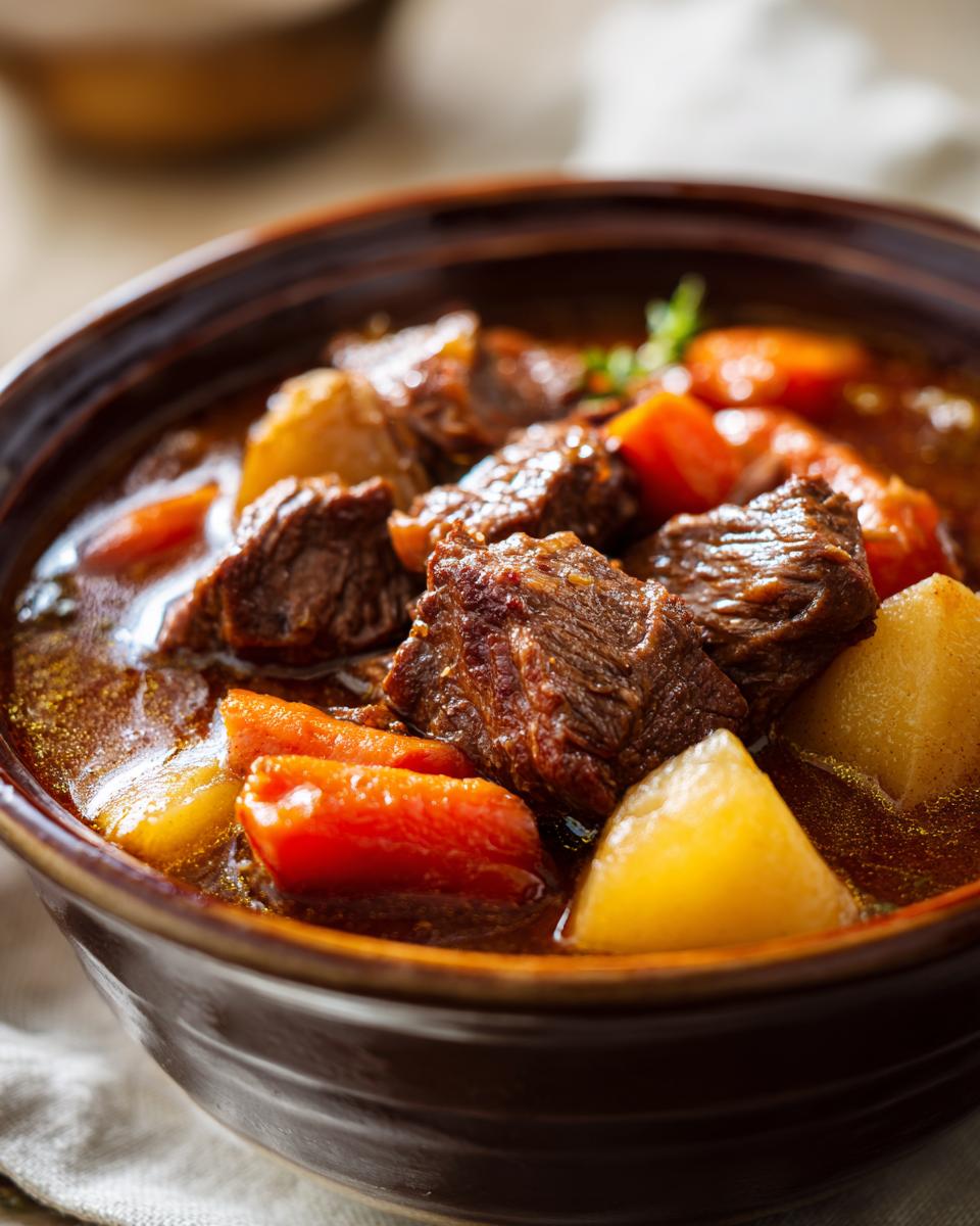 A close-up of a bowl of hearty beef stew, featuring tender chunks of beef, bright orange carrots, and golden potatoes in a rich broth.