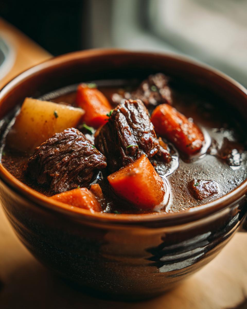 Close-up of a rustic bowl filled with hearty beef stew, featuring tender chunks of beef, carrots, and potatoes in a rich broth.