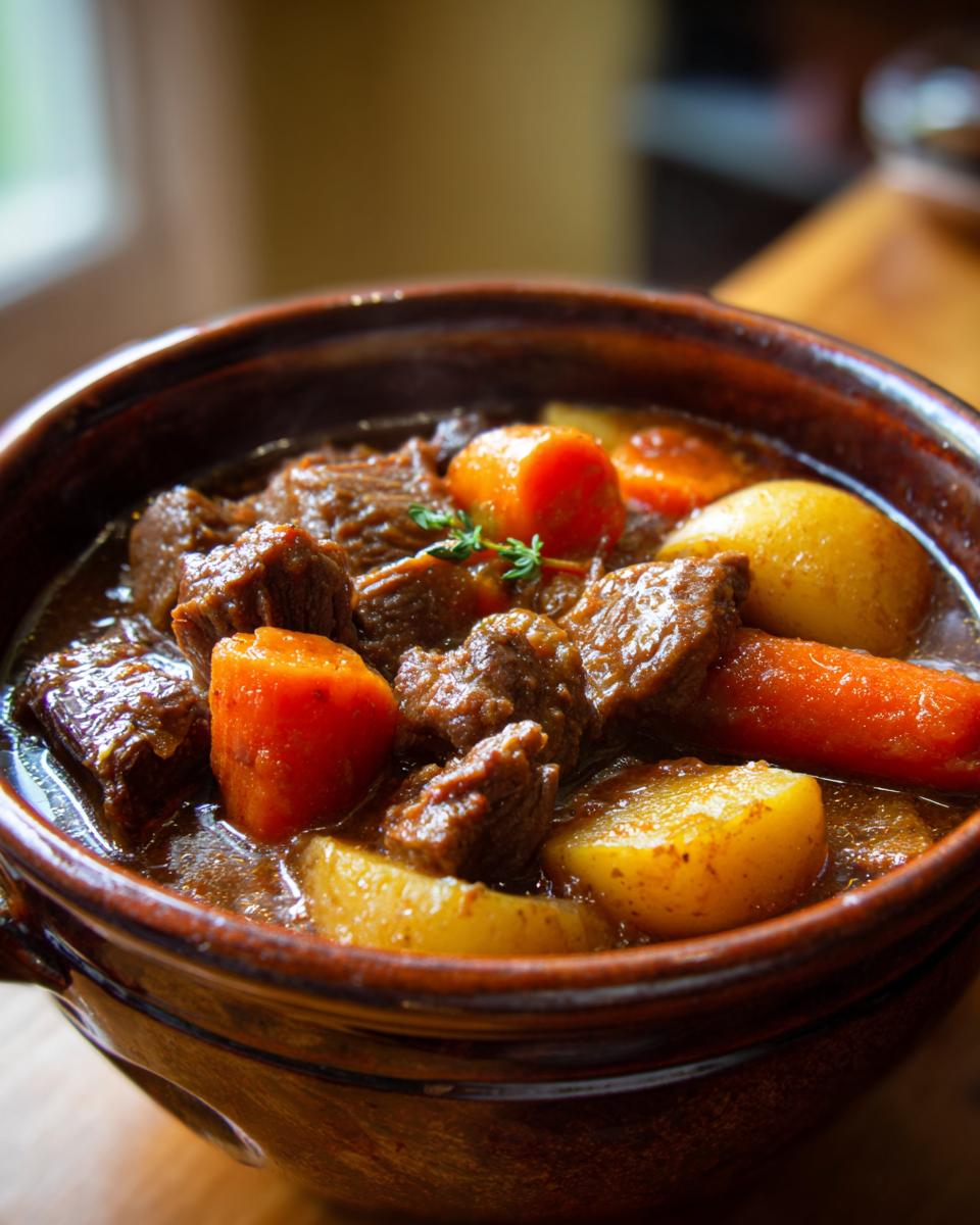 A close-up of a bowl of hearty beef stew, featuring tender chunks of beef, potatoes, and carrots in a rich gravy.