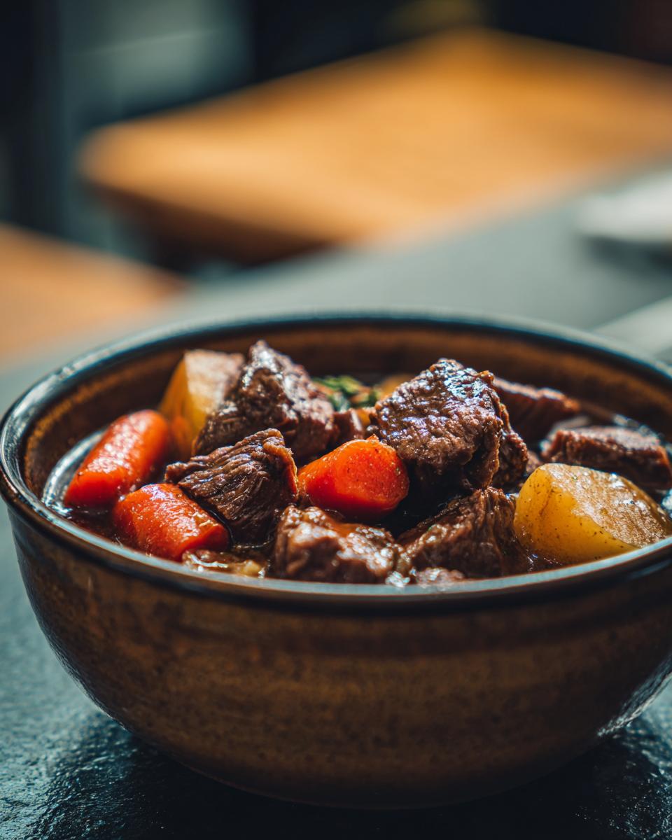 Close-up of a rustic bowl filled with tender beef stew, featuring chunks of beef, carrots, and potatoes.