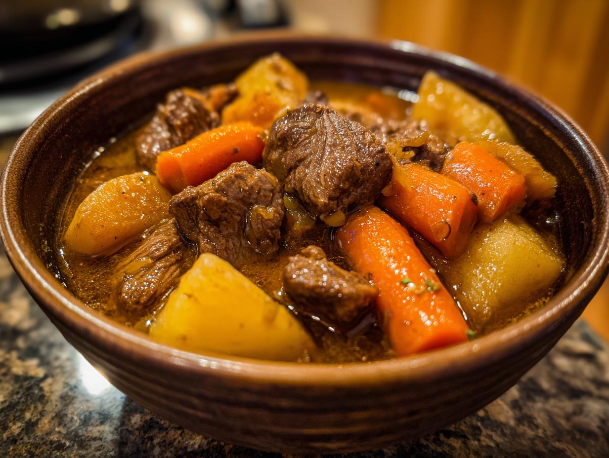 A close-up of a bowl of hearty beef stew, featuring tender chunks of beef, carrots, and potatoes in a rich broth.