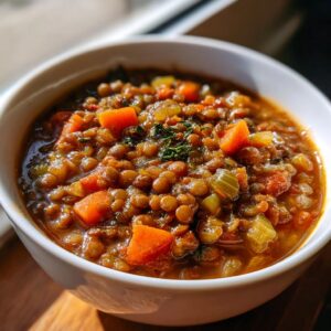 A close-up of a white bowl filled with hearty lentil soup, featuring tender lentils, carrots, and celery, garnished with fresh herbs.