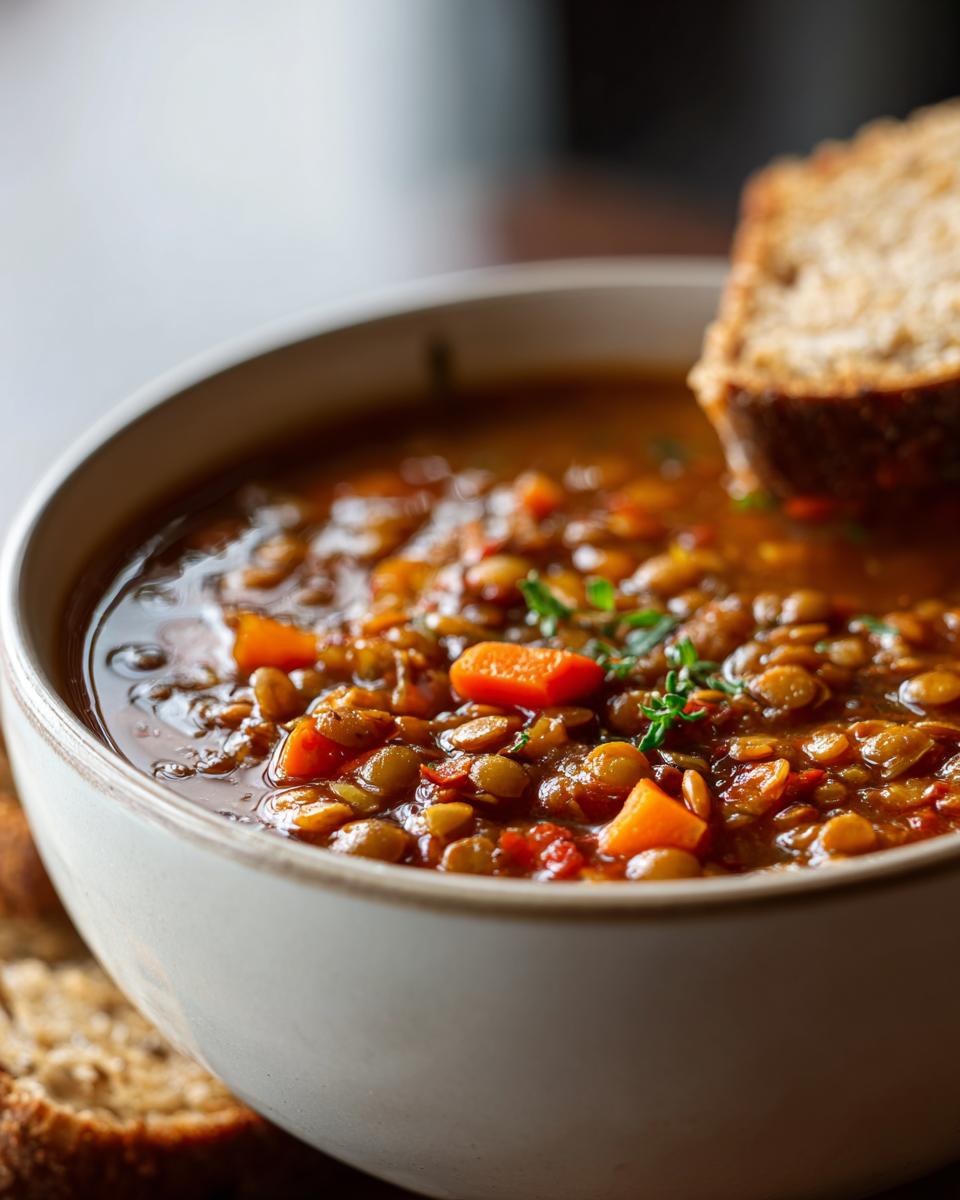 Close-up of a bowl of hearty lentil soup with carrots and herbs, served with crusty bread.