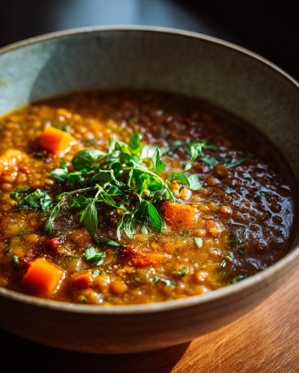 A close-up of a bowl of hearty lentil soup, garnished with fresh herbs and chunks of vegetables.
