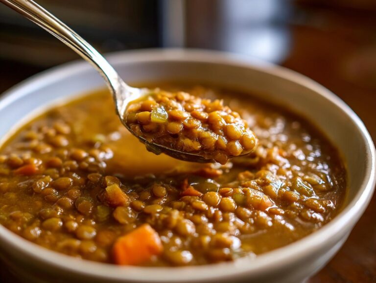 A spoonful of hearty lentil soup, showing the texture of the lentils and vegetables.