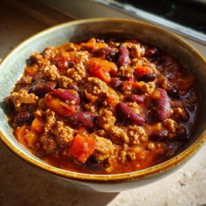 A close-up of a bowl filled with hearty pumpkin chili, featuring ground meat, kidney beans, and chunks of pumpkin.