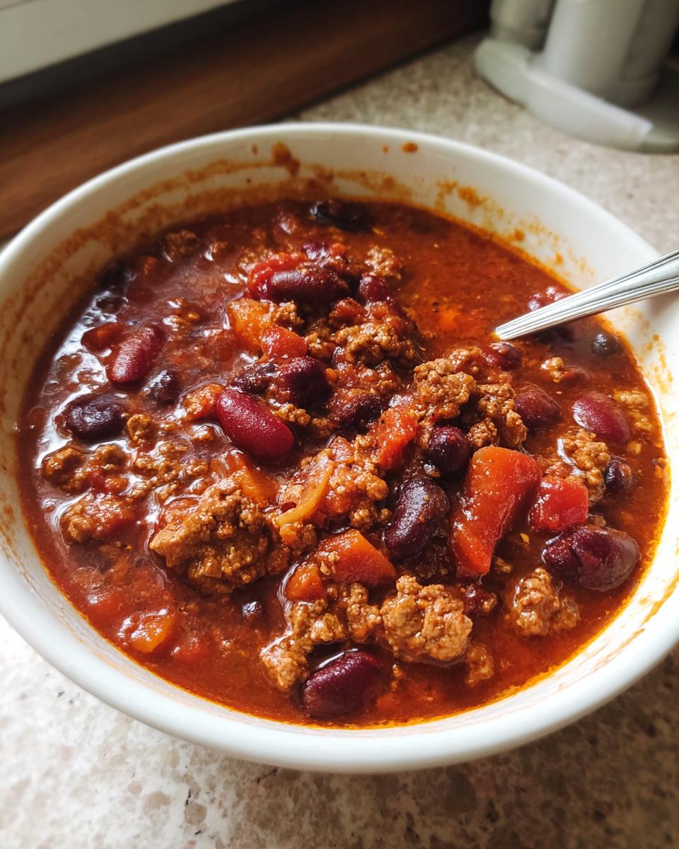 A close-up of a white bowl filled with hearty pumpkin chili, featuring ground beef, kidney beans, and chunks of pumpkin.