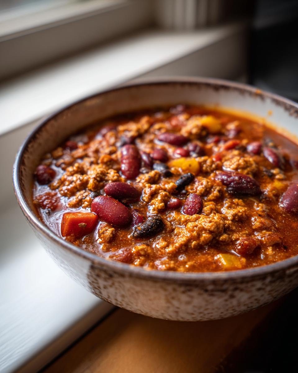 A close-up overhead shot of a bowl filled with hearty pumpkin chili, featuring kidney beans, ground meat, and visible chunks of pumpkin.