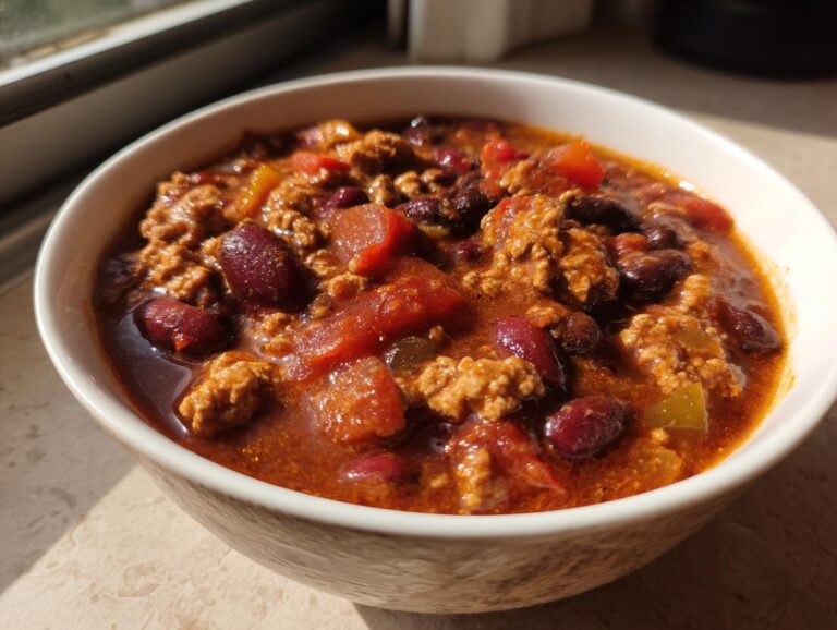 A close-up of a bowl filled with hearty pumpkin chili, showing ground meat, kidney beans, and tomatoes.