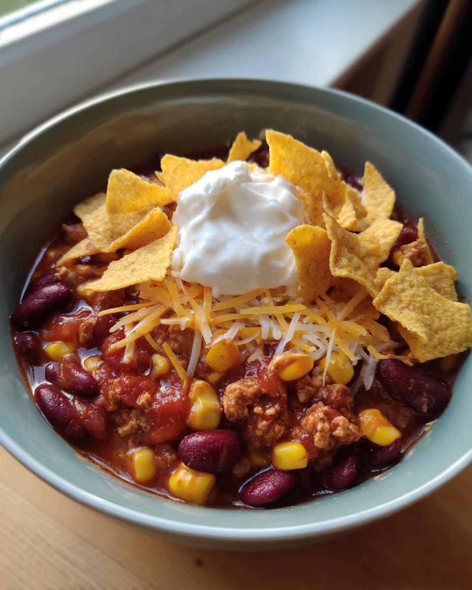A close-up of a bowl of hearty taco soup, topped with shredded cheese, tortilla chips, and a dollop of sour cream.