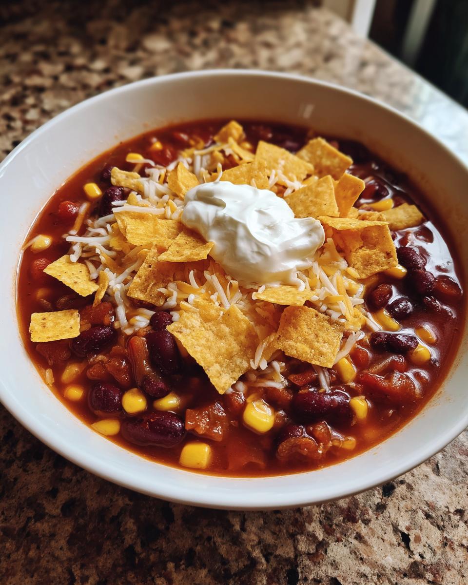 A close-up of a bowl of hearty taco soup topped with shredded cheese, tortilla chips, and a dollop of sour cream.