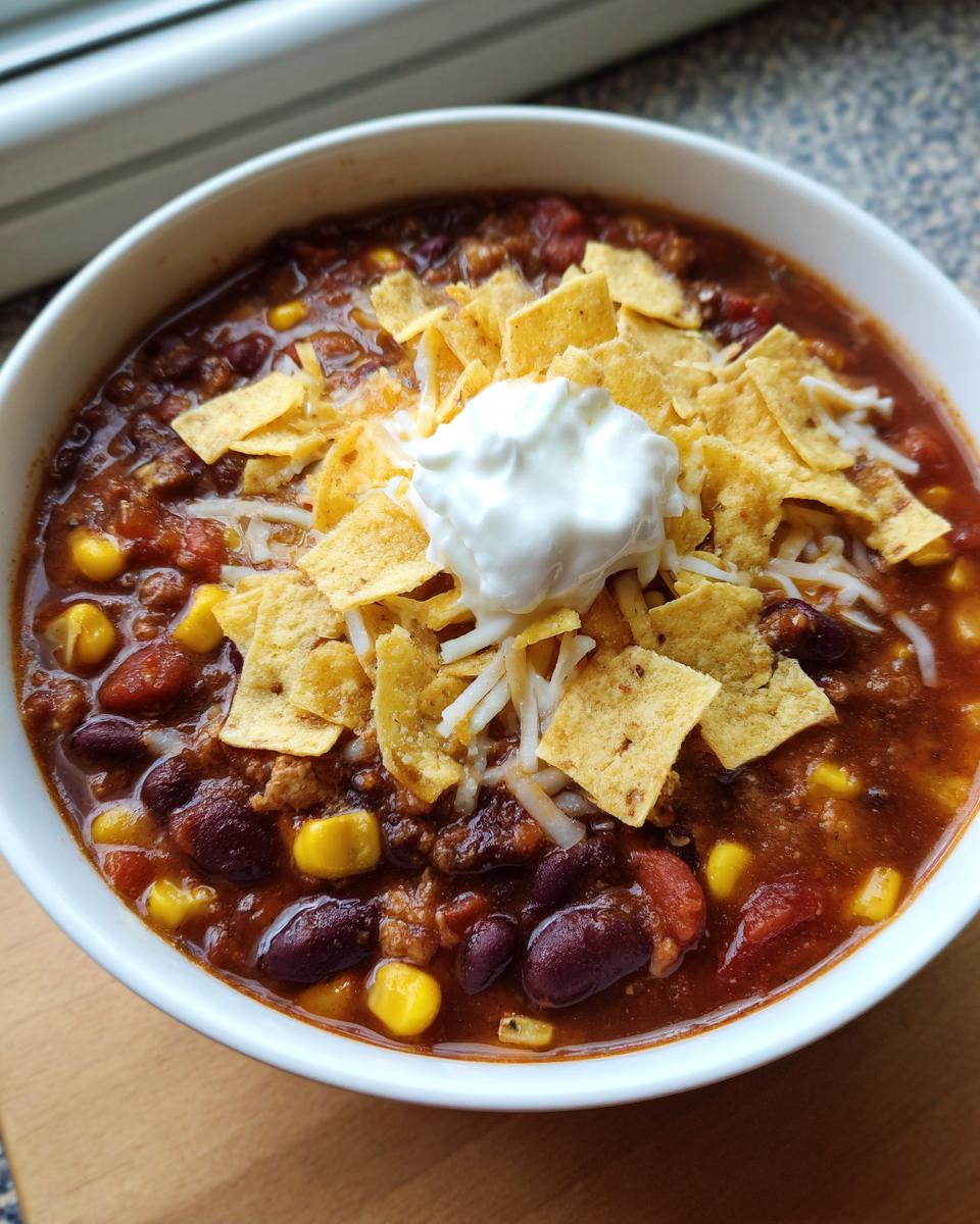 A close-up of a bowl of hearty taco soup topped with shredded cheese, tortilla chips, and a dollop of sour cream.