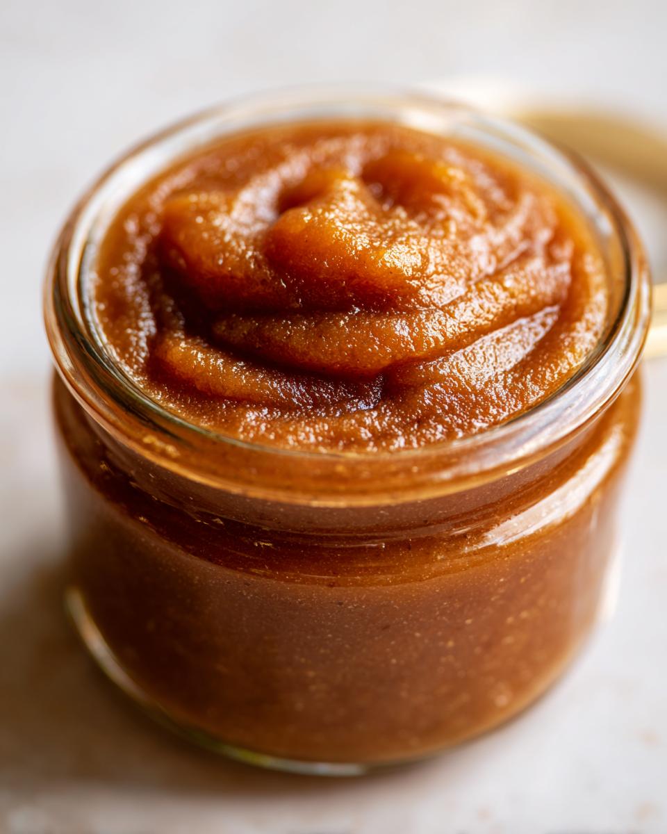 Close-up of a glass jar filled with thick, smooth homemade apple butter.