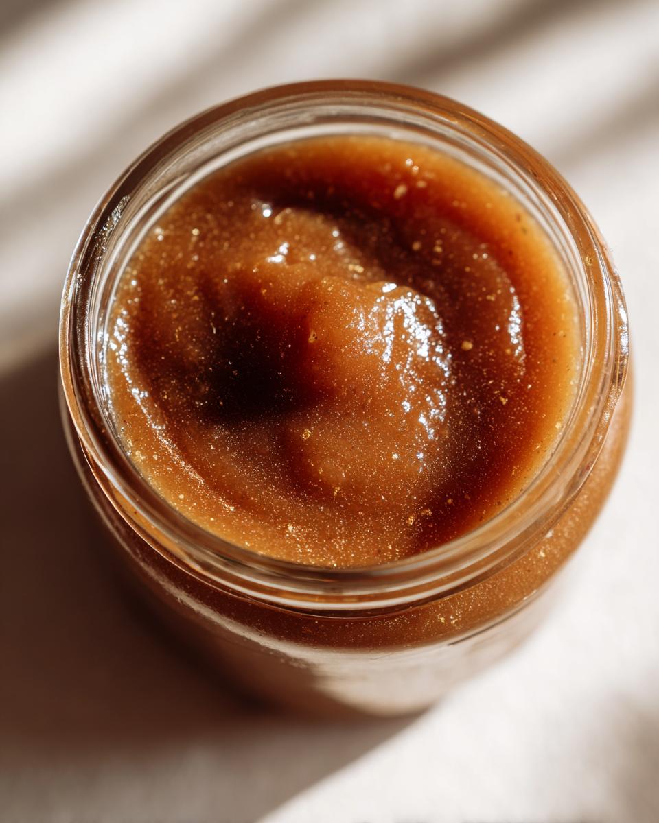Close-up of a glass jar filled with rich, smooth homemade apple butter.