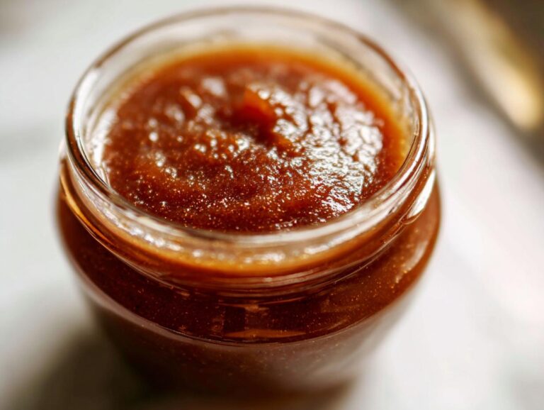 Close-up of a glass jar filled with rich, dark apple butter, perfect for fall.