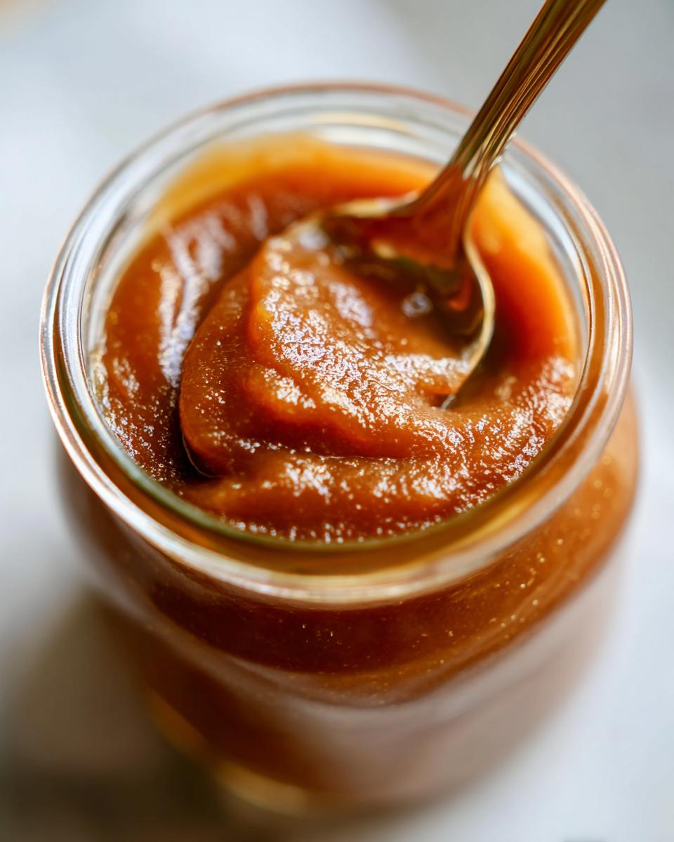 A close-up of a jar filled with rich, smooth apple butter, with a spoon resting inside.