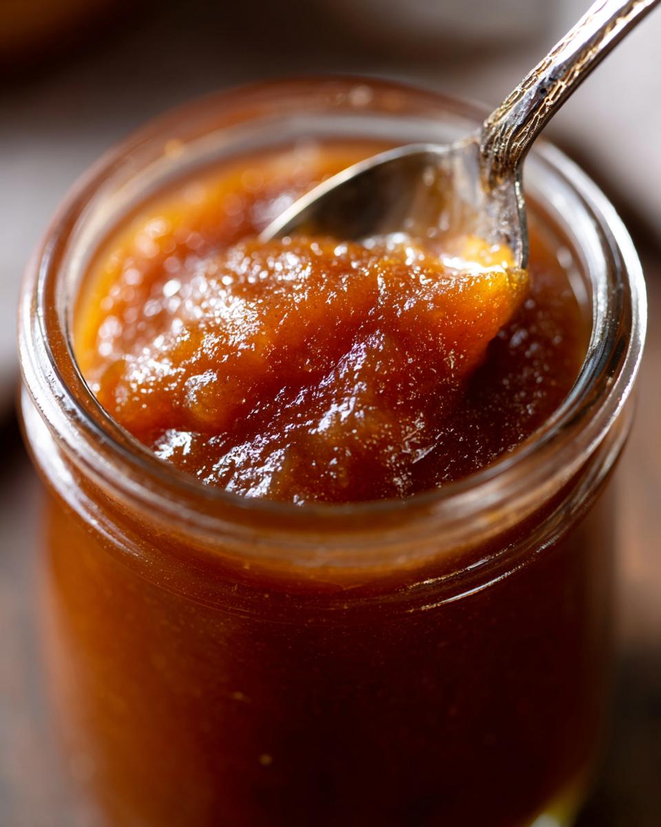 Close-up of a spoon scooping rich, dark apple butter from a glass jar.