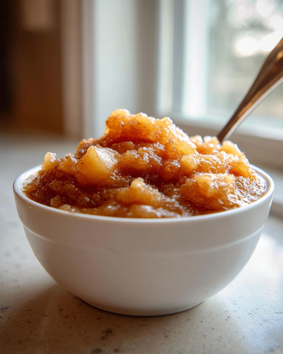 A white bowl filled with chunky, homemade applesauce, with a spoon resting in it.