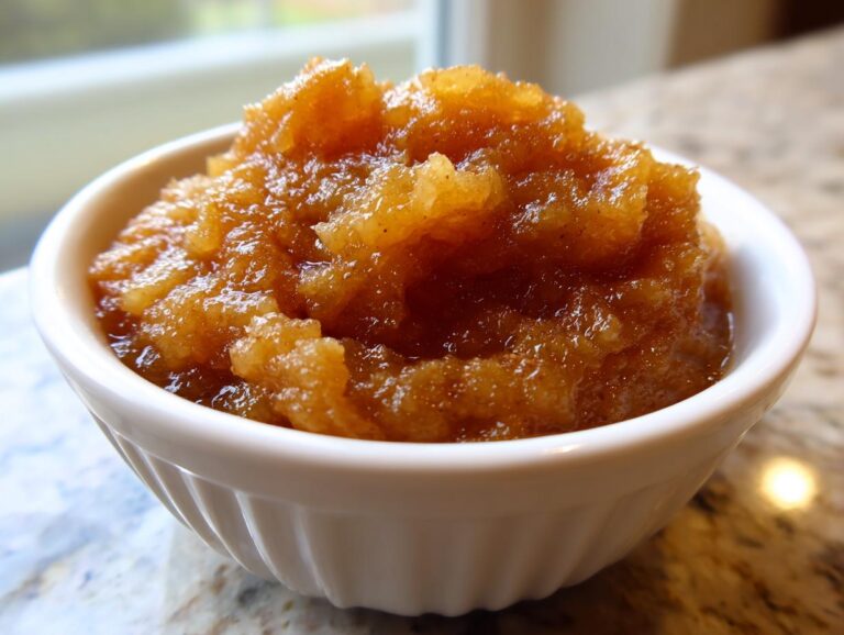 Close-up of a white bowl filled with chunky, golden homemade applesauce, seasoned with cinnamon.