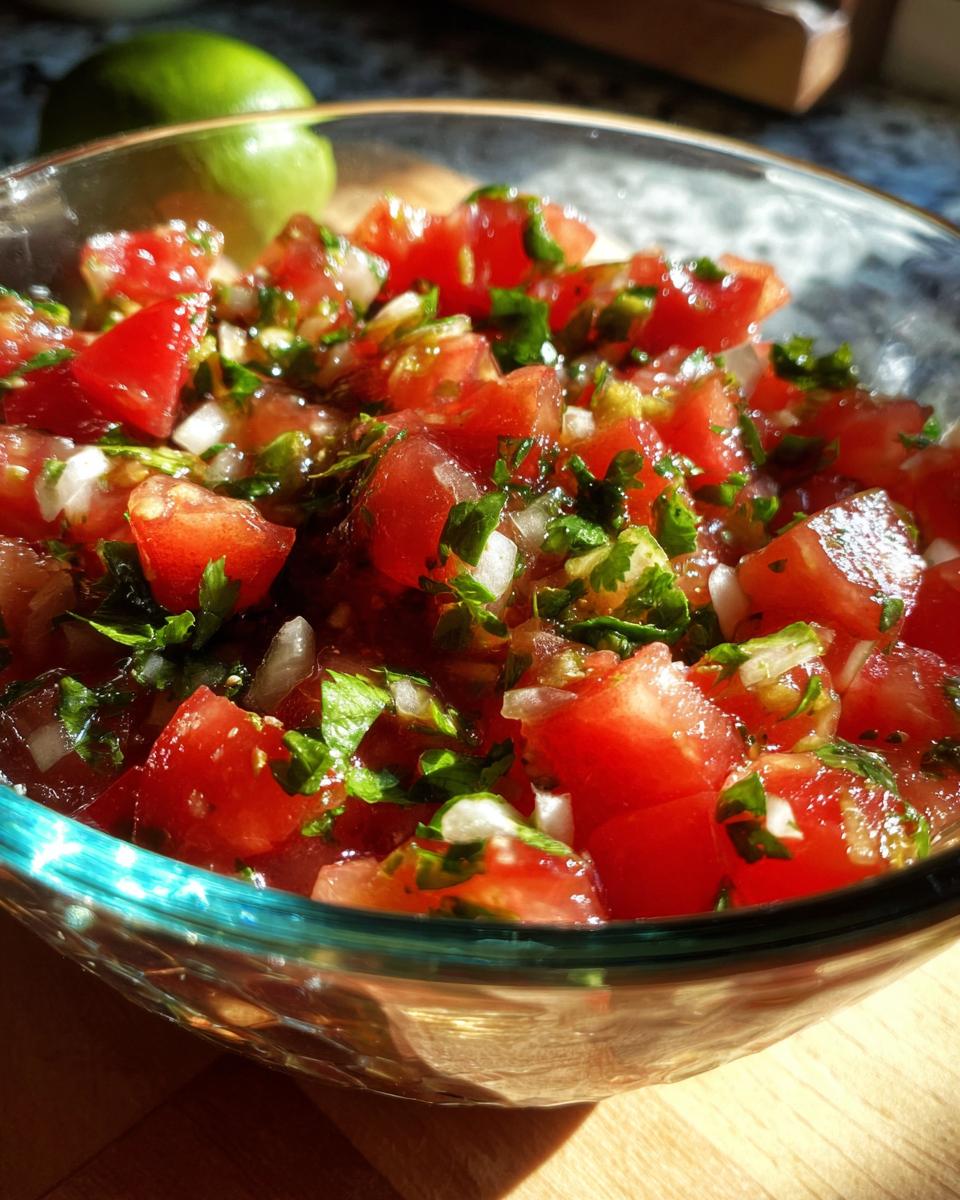 Close-up of a glass bowl filled with fresh homemade salsa, featuring chopped tomatoes, onions, and cilantro.