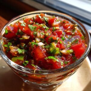 Close-up of vibrant, fresh homemade salsa with chopped tomatoes, onions, cilantro, and jalapeños in a glass bowl.