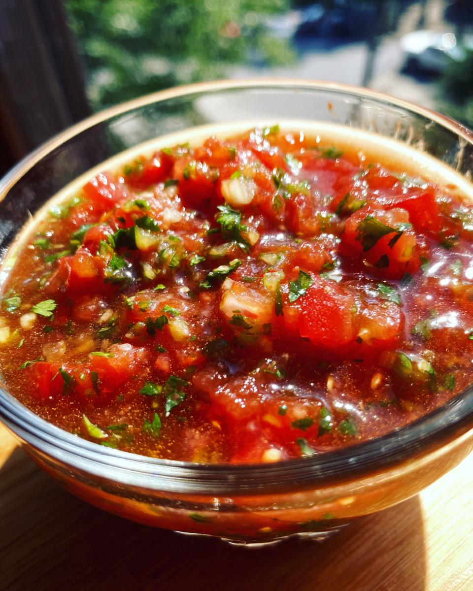 Close-up of fresh homemade salsa in a clear glass bowl, featuring diced tomatoes, onions, cilantro, and spices.