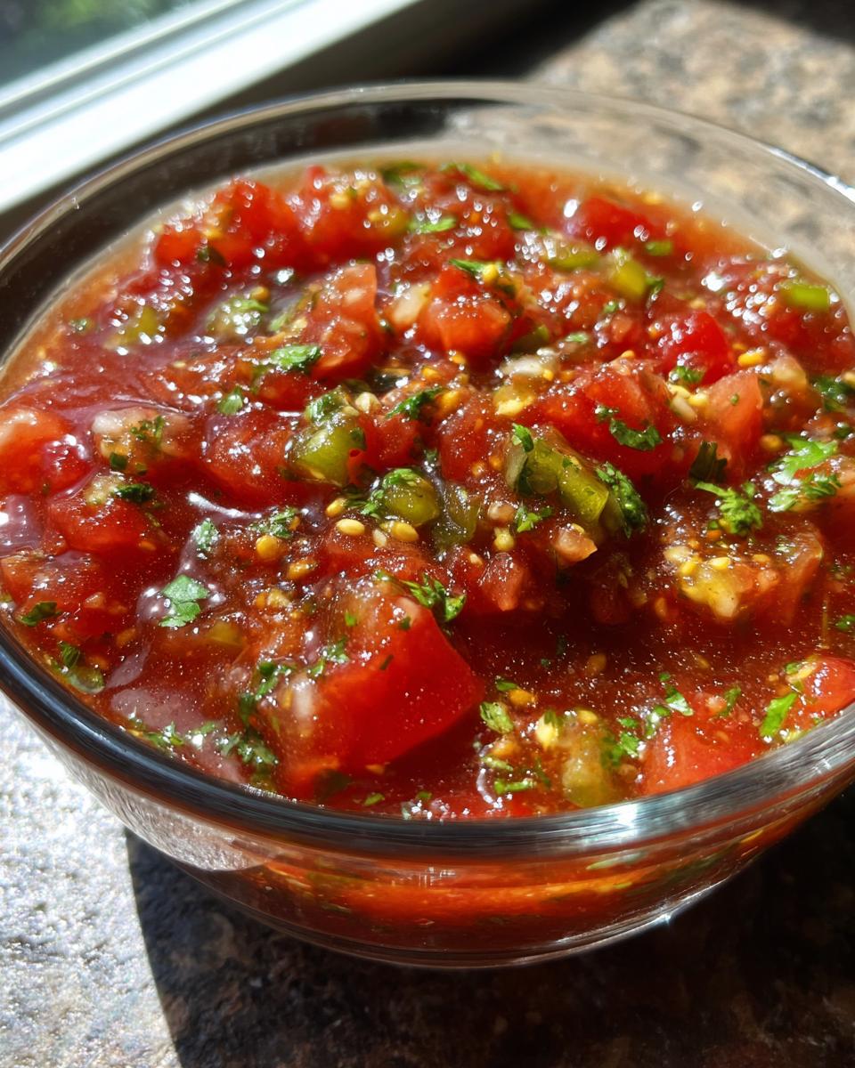Close-up of a glass bowl filled with fresh homemade salsa, featuring chopped tomatoes, onions, cilantro, and jalapeños.
