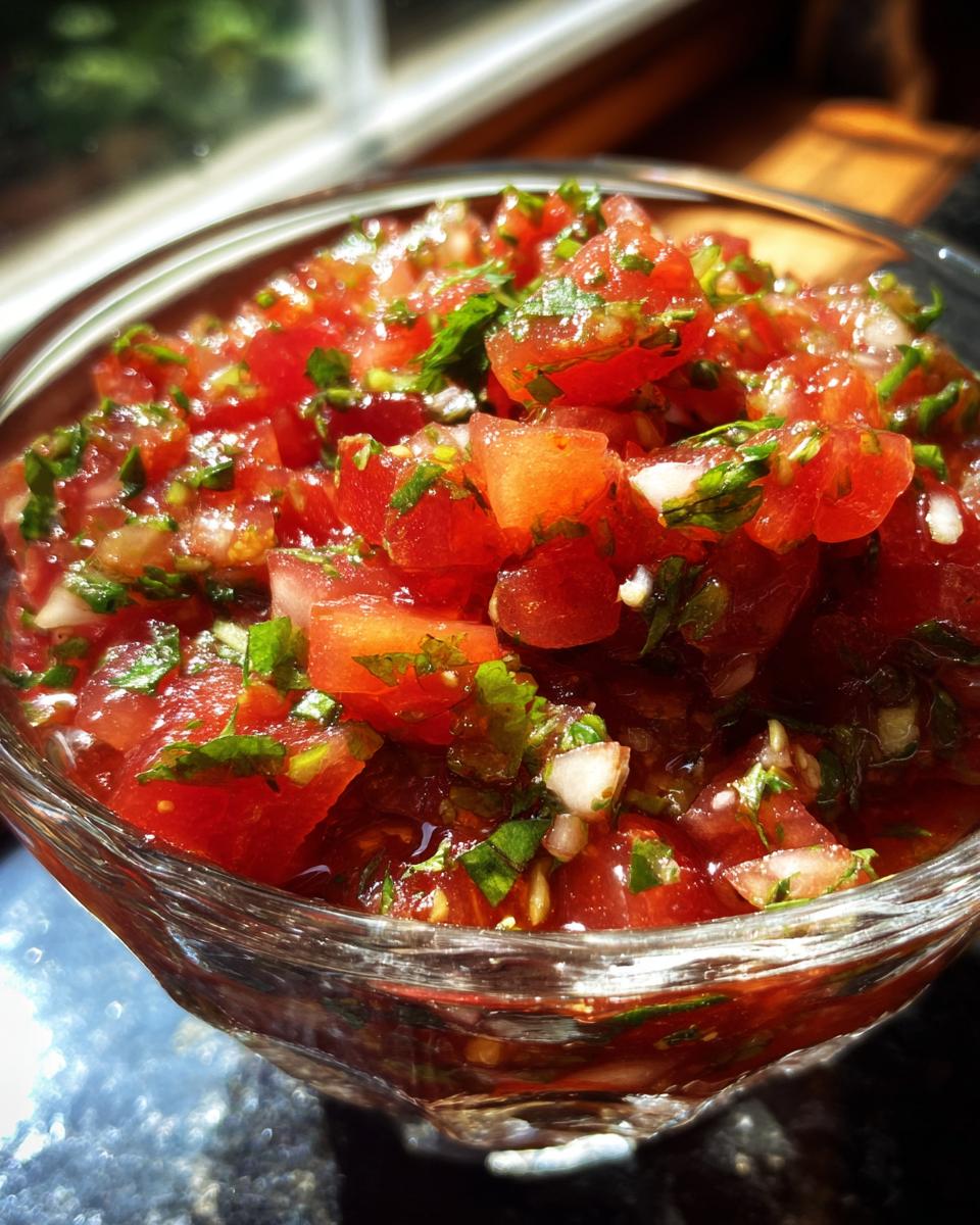 Close-up of vibrant fresh homemade salsa with diced tomatoes, cilantro, and onion in a glass bowl.