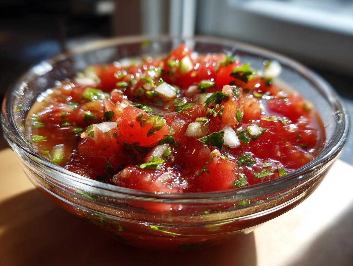 Close-up of a glass bowl filled with fresh homemade salsa, featuring chopped tomatoes, onions, and cilantro.